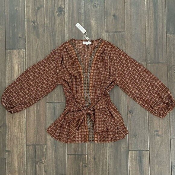 Max Studio Brown V Neck Long Sleeve Boho Tie Waist Blouse S NWT - Picture 1 of 6